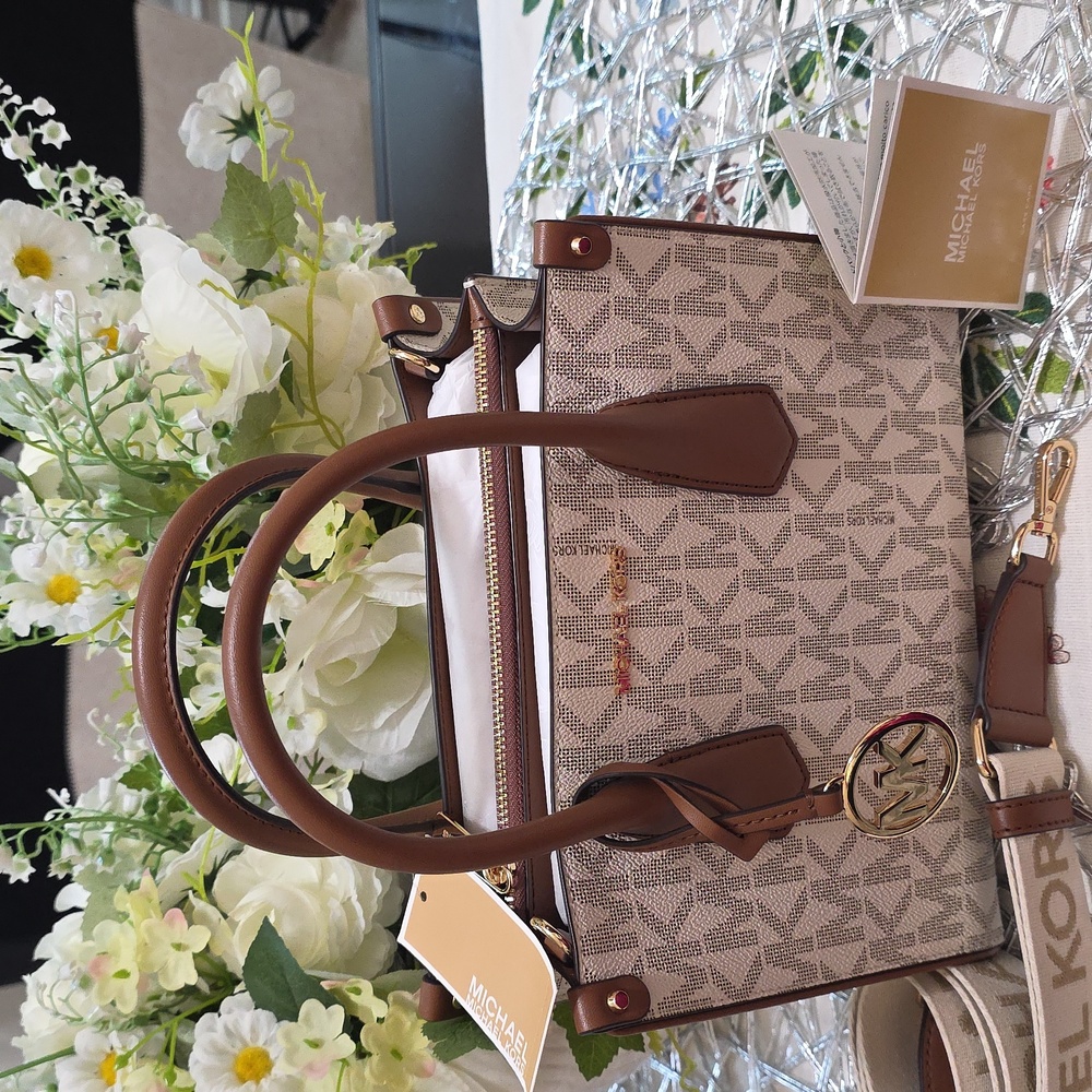 Michael Kors Beige Brown Logo Satchel with Gold Hardware - Picture 2 of 9